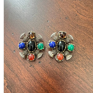 R J Graziano Thistle Earrings Vintage Large Clip On Multicolor Cabochons Signed